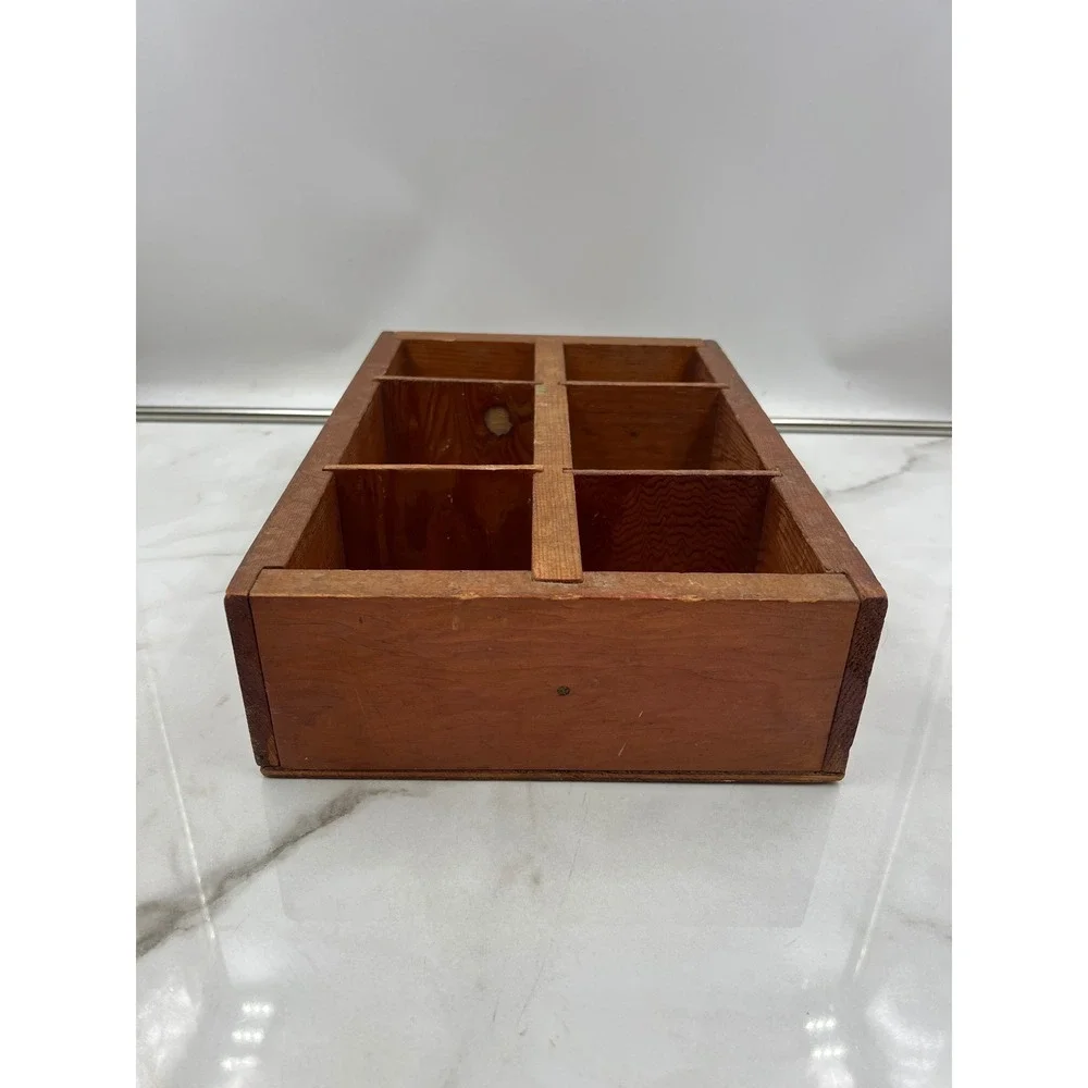 Vintage Wooden 6 Compartment Tool Caddy Organizer Tray Rustic Farmhouse Storage